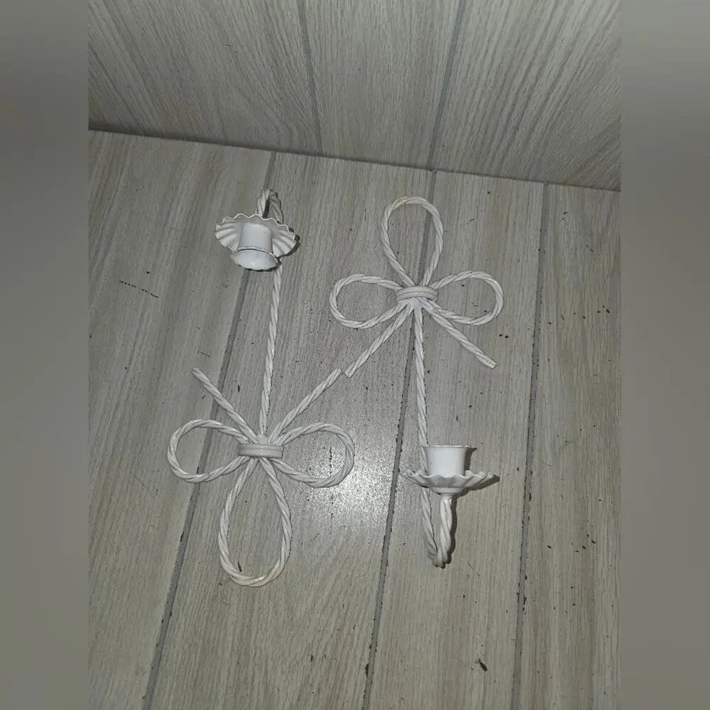 Vtg White Twisted Metal Bow Wall Sconces French Country Candle Holders Farmhouse